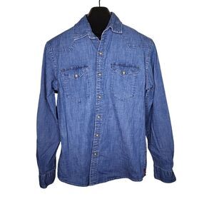 Wrangler Long Sleeve Button Up Denim Western Shirt Mens Size M Blue